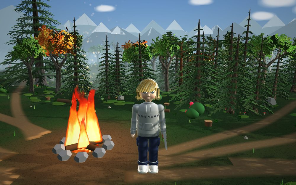 Skjermbilde fra Mørkeskogen 3D: spilleren ved bålet i skogen